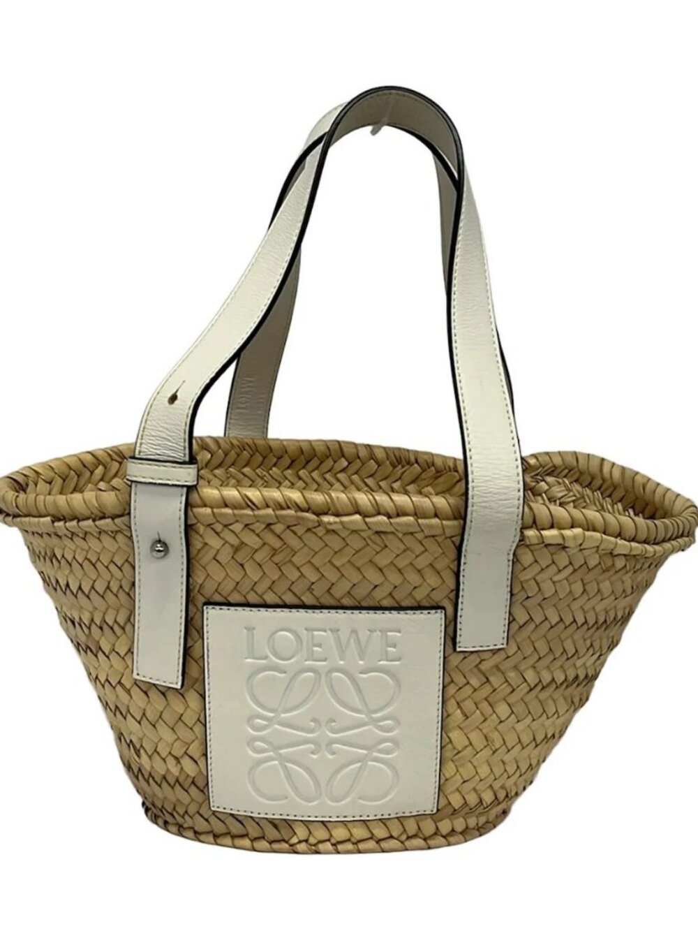 LOEWE Basket Beige White Straw Leather Tote Bag